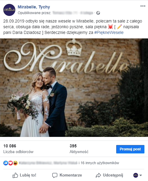 reklama na facebooku sali weselnej mirabelle z tychów